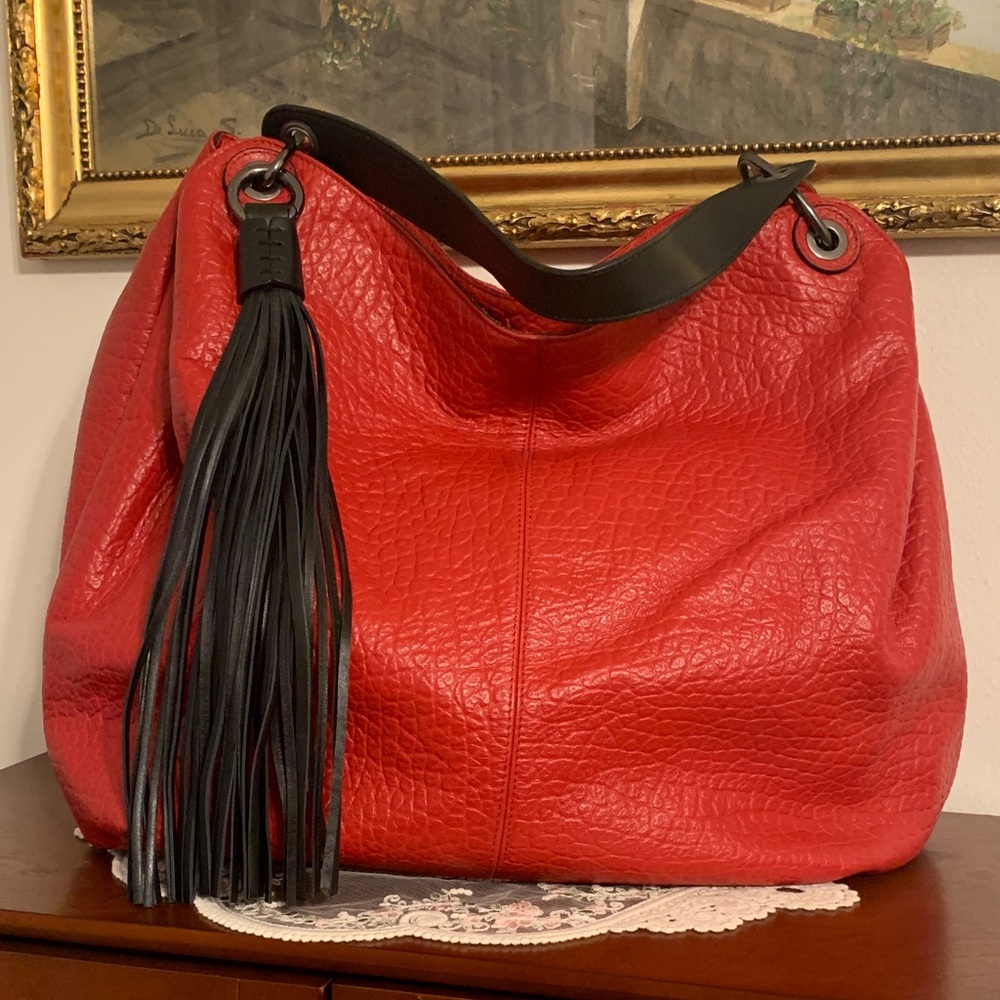 Chic Red Leather Hobo Bag with Tassel- Made in Italy